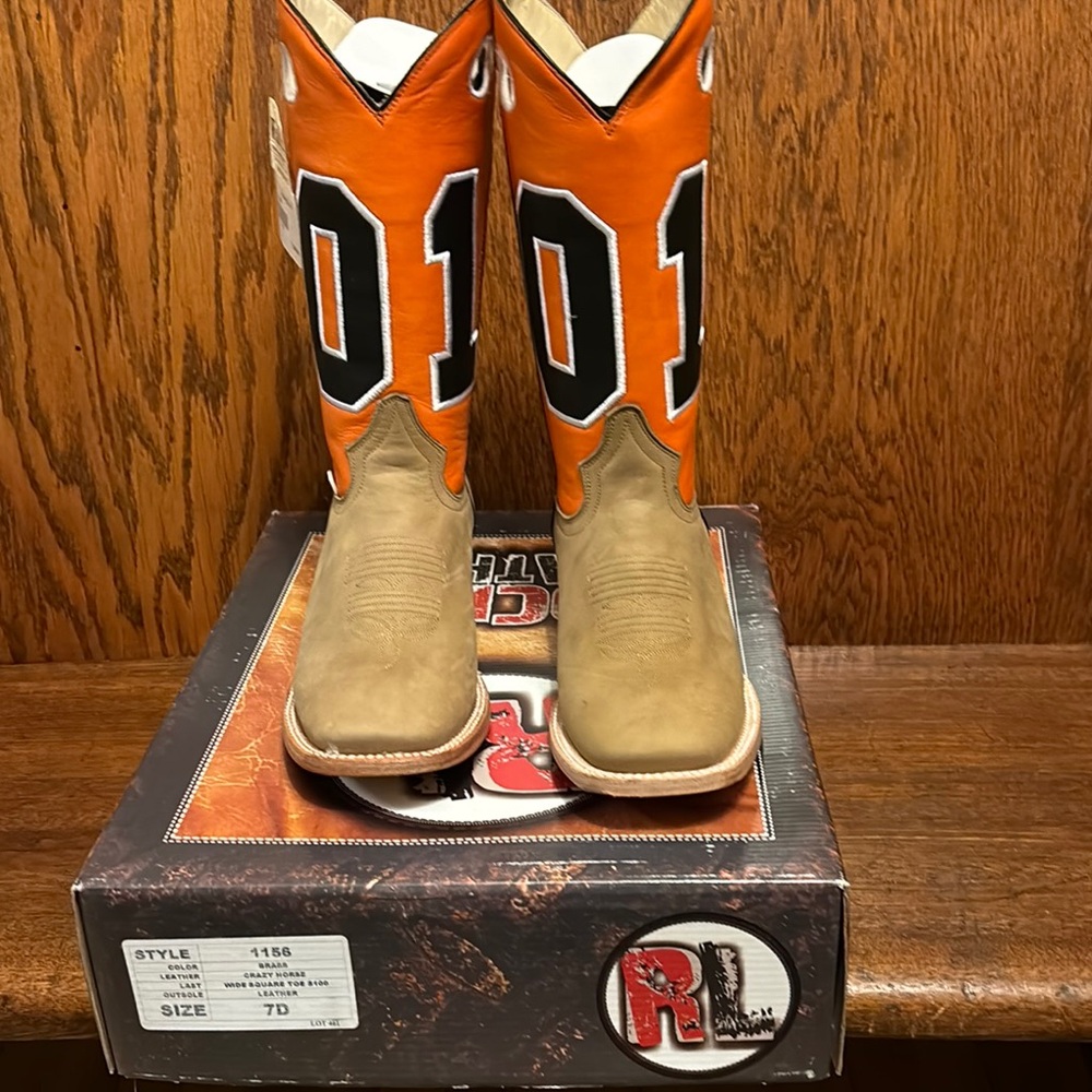 Rockin Leather Dukes of Hazard Western Boots - Orange and Tan.